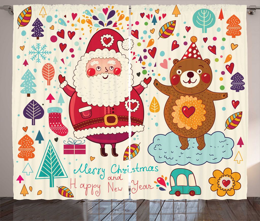ABAKUHAUS Weihnachten Rustikaler Gardine, Sankt und Teddybär, Schlafzimmer Kräuselband Vorhang mit Schlaufen und Haken, 280 x 245 cm, Mehrfarbig