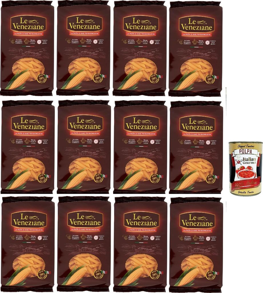 Le Veneziane Pasta di Mais Penne rigate, senza glutine,100% italienische Maisnudeln, glutenfrei. gluten free 12x 250g + Italian Gourmet polpa 400g