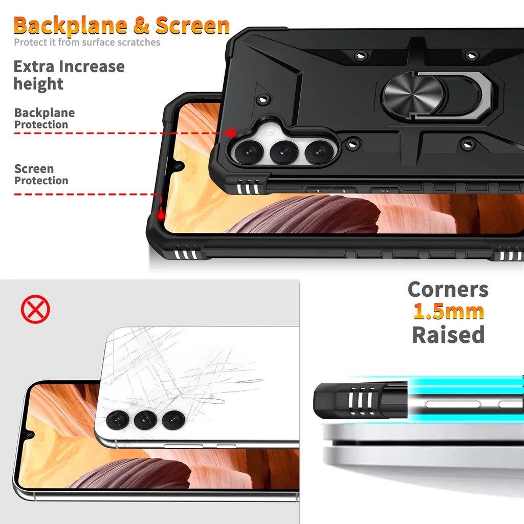 Custodia per Samsung Galaxy A34, Custodia protettiva antiurto in PC TPU a doppio strato con supporto ad anello, supporto, nero - 2