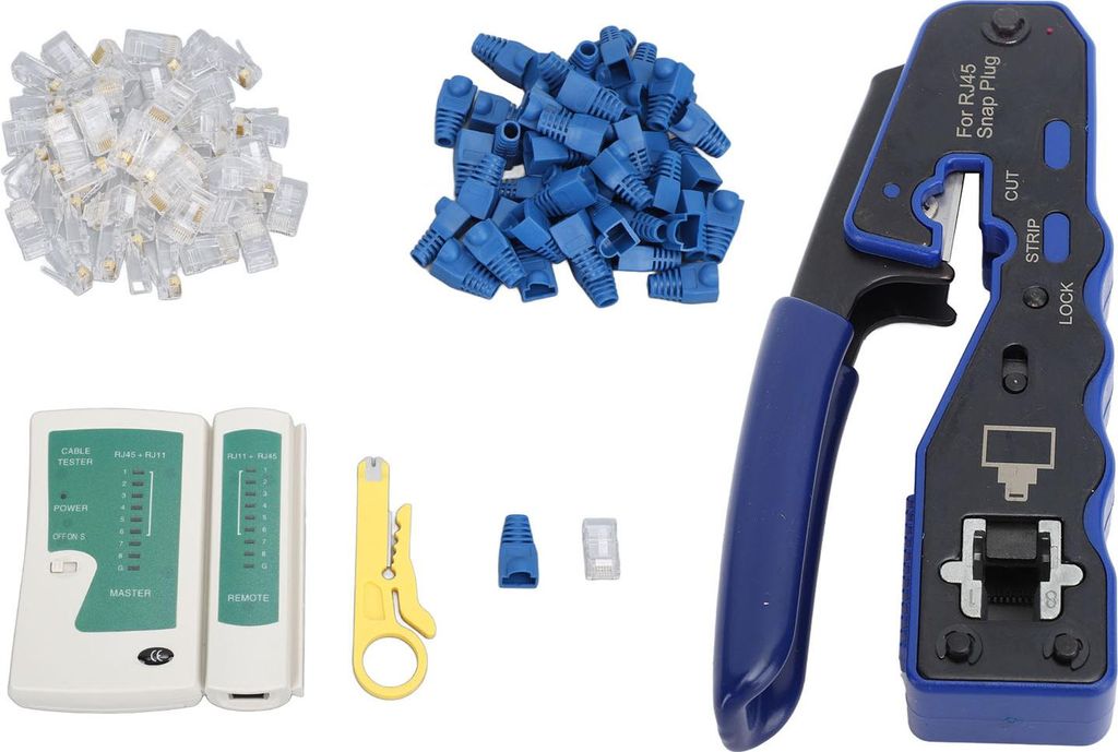 RJ45-Netzwerkkabeltester, Crimpzange, Ethernet-Anschluss-Werkzeugset zum Schneiden, Abisolieren und Crimpen von Kabeln