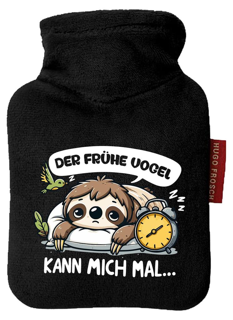 Huuraa Mini-Wärmflasche Der frühe Vogel kann mich mal Faultier 0,2 Liter Black Mini Veloursbezug Taschenwärmer Geschenkidee