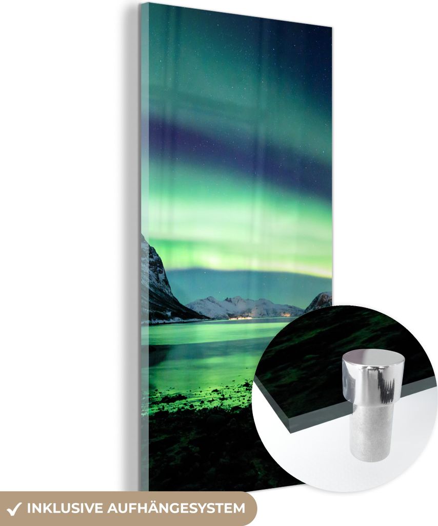 MuchoWow Glasbilder - Bilder auf Wandbild - Foto auf Glas Nordlicht - Norwegen - Eis - Gelb - Berg - Wasser - Schnee 60x120 cm Wanddekoration aus G...