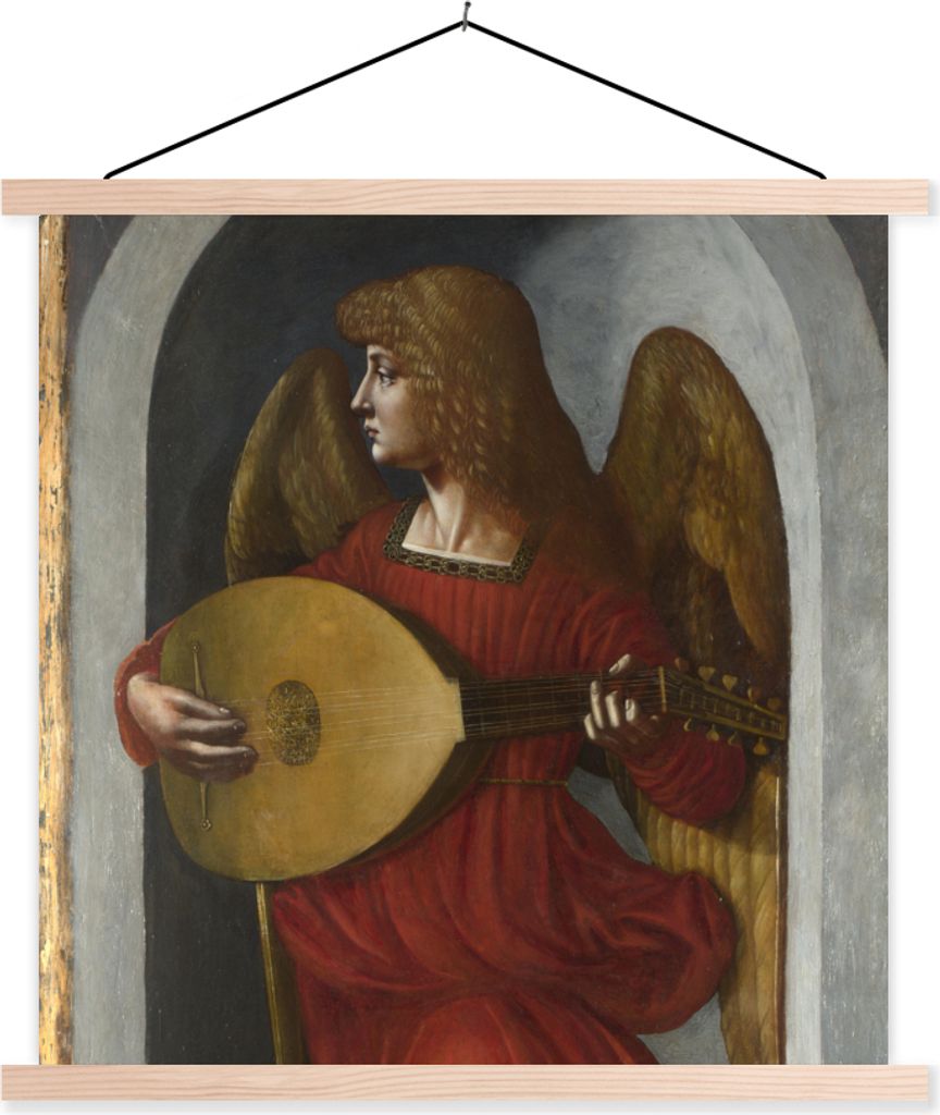 MuchoWow Textilposter Ein Engel in Rot mit einer Laute - Leonardo da Vinci 40x40 cm mit holzfarbenen Rahmen - Posterleiste