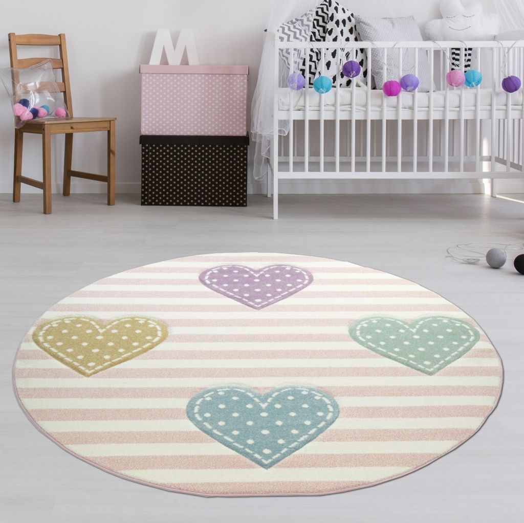 Kinderteppich Sterne Kinderzimmerteppich Mädchen in rosa creme grau Größe - 160 cm Rund