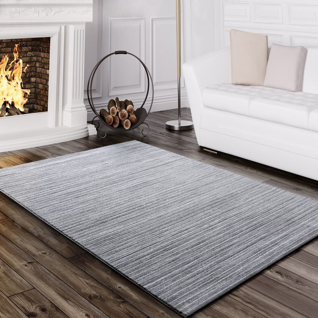 Teppich Wohnzimmer Modern Glitzergarn Gestreift Linien Kurzflor Meliert Grau Grösse 80x150 cm