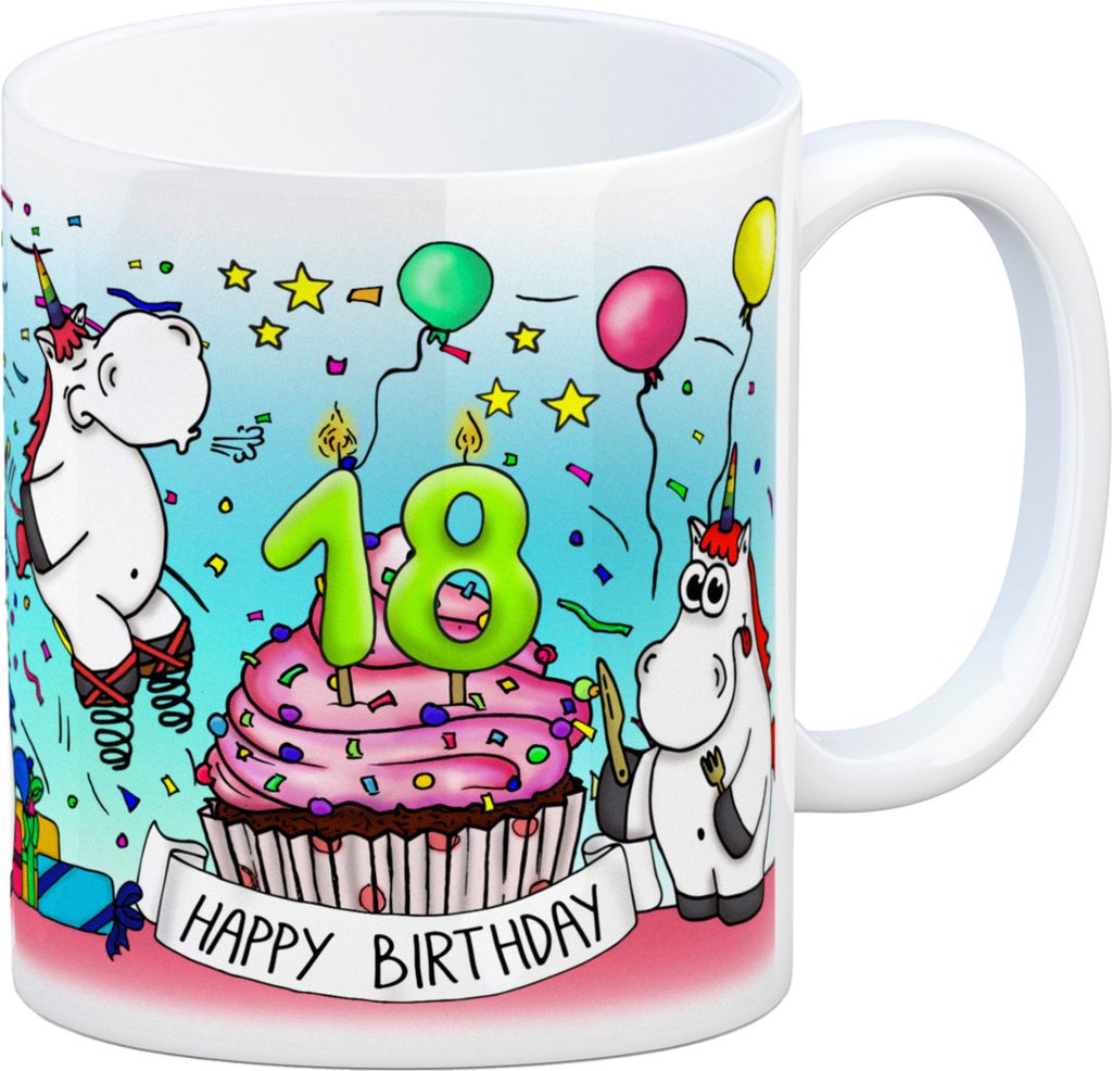 Honeycorns Tasse zum 18. Geburtstag mit Muffin und Einhorn Party Kaffeebecher