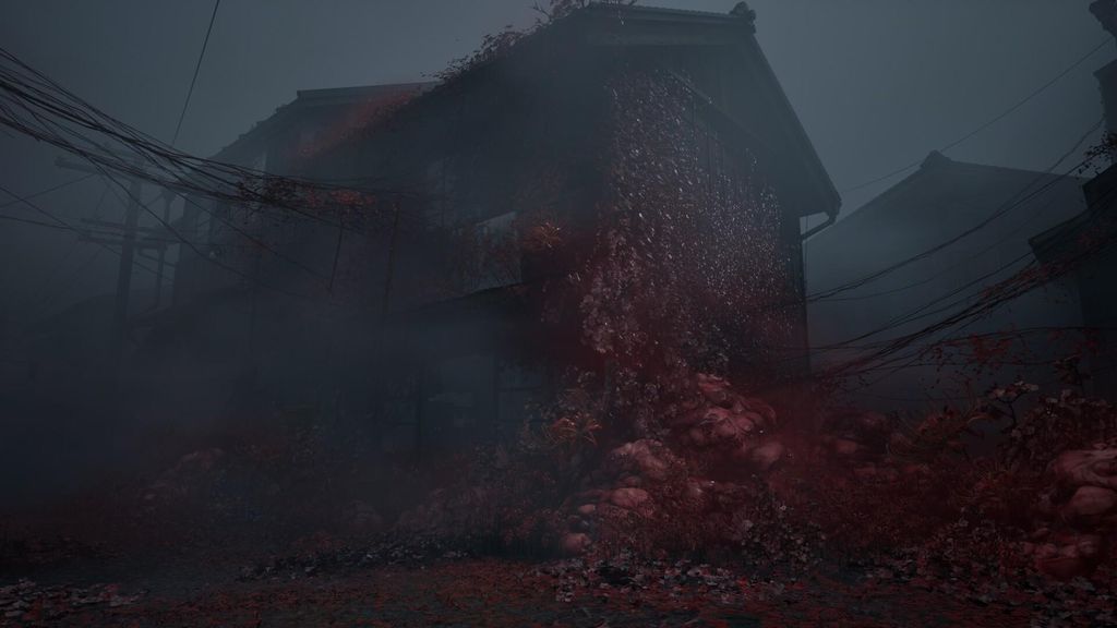 A dark, foggy scene with a building covered in red, organic-looking growth.