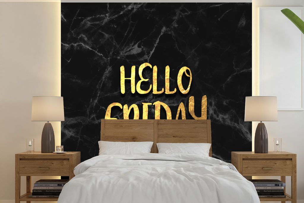 MuchoWow Fototapete für Wohnzimmer oder Schlafzimmer Wandtapete Vinyl Motivtapete Zitat - Freitag - Gold - Marmor - 260x260 cm - Papiertapeten