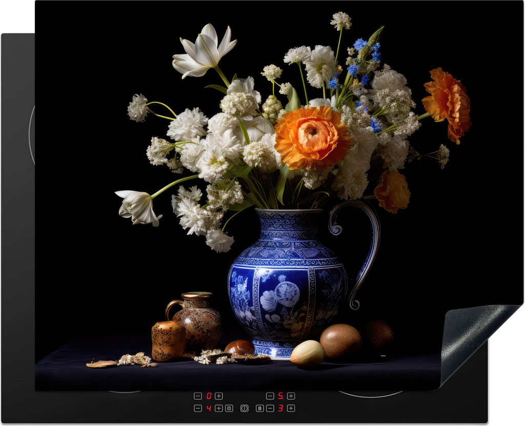 KitchenYeah Herdabdeckplatte Blumen - Delfter Blau - Krug - Stillleben - Niederländisch , 65x52cm, Küche Deko, Glaskeramikkochfeld Herdabdeckun...