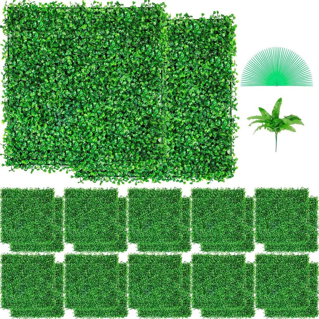 Artificial Boxwood Panel UV 24PCS Boxwood Hedge Wall Panels Artificial Grass Backdrop Wall 10"x10" 4 cm Green Grass Wall Fake Hedge for Decor Priva...