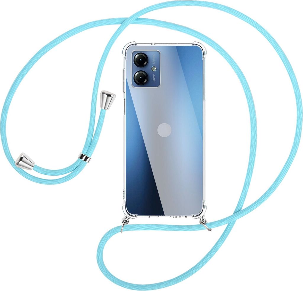 Handykette Backcover-Schutzhülle mit Band (Metall silberfarben) für Motorola Moto G14 (PAYF0010IN, 6.5'') - himmelblau