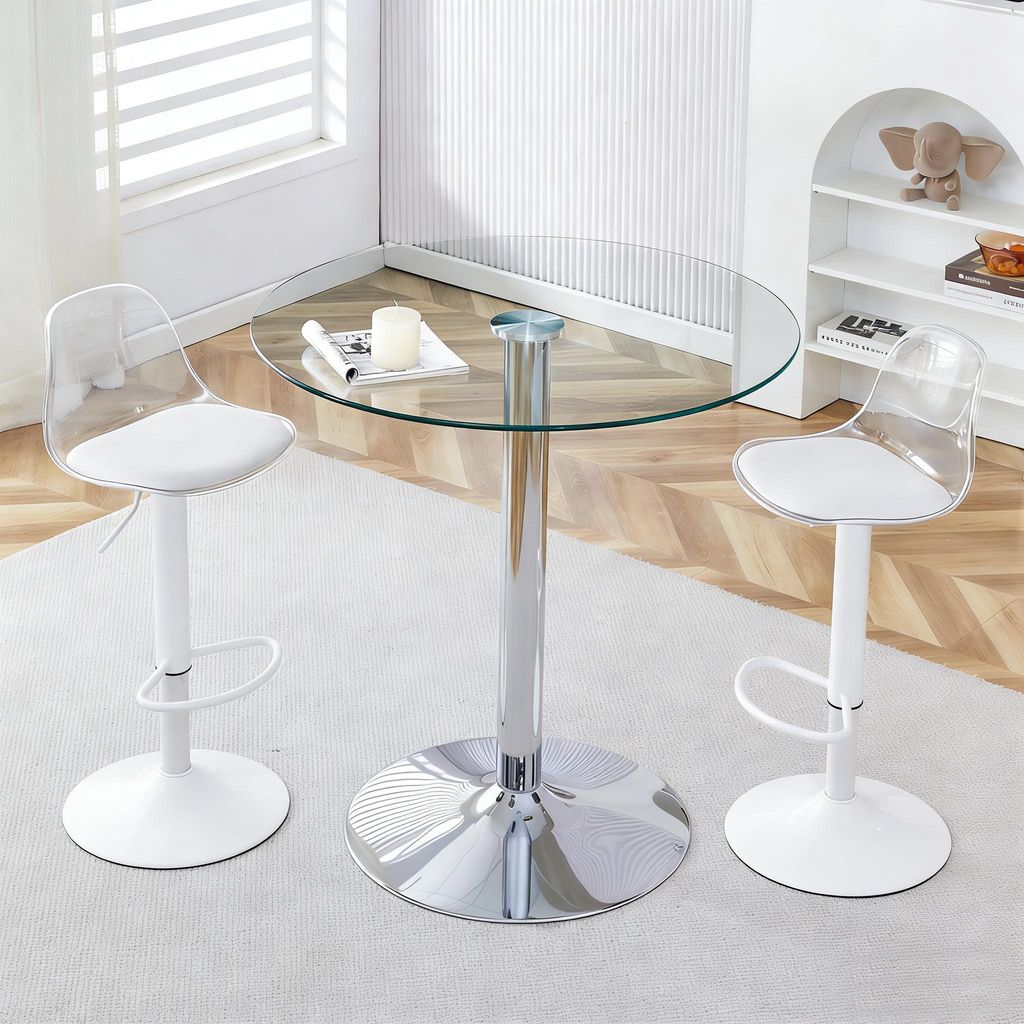 MODFU Esszimmerstuhl Set,Barhocker mit 2 Stühle weißen Metallbeinen und Esstisch mit Transparenter Glastisch,89 cm runder Tisch,Drehstuhl mit hö...