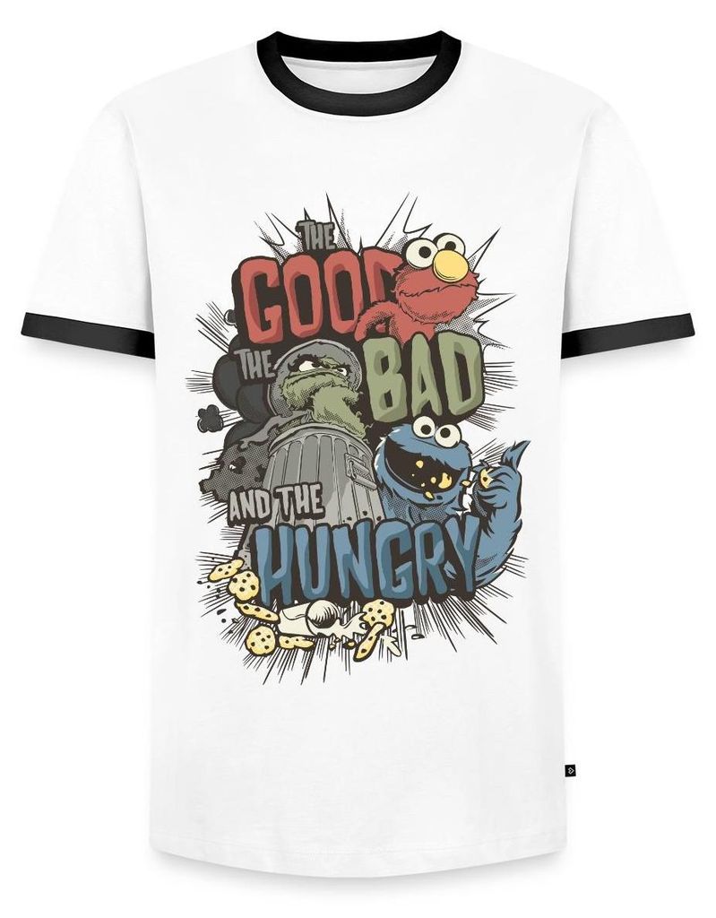 Spreadshirt Sesamstraße Halunken Elmo Oscar Krümelmonster Männer Kontrast T-Shirt, S, Weiß/Schwarz