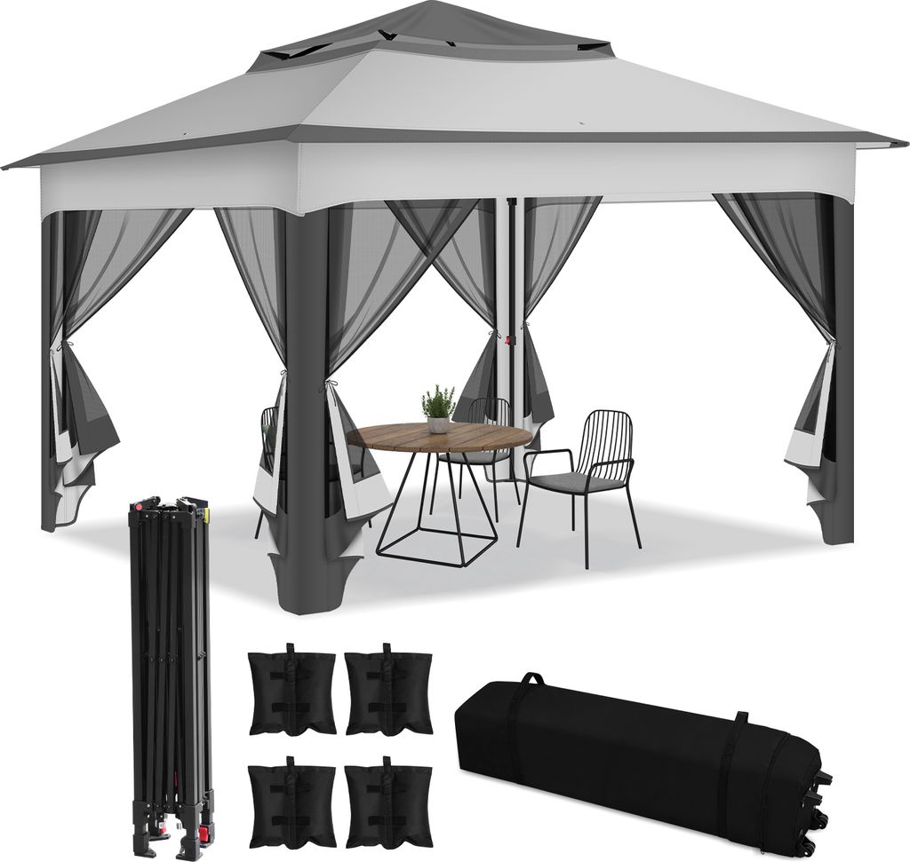 Bettizia Pavillon 3.3x3.3x2.7M, Faltpavillon,Festzelt Gartenzelt mit 4 Gaze Seitenteilen, UV-Schutz 50+, Doppeltes Dach grau