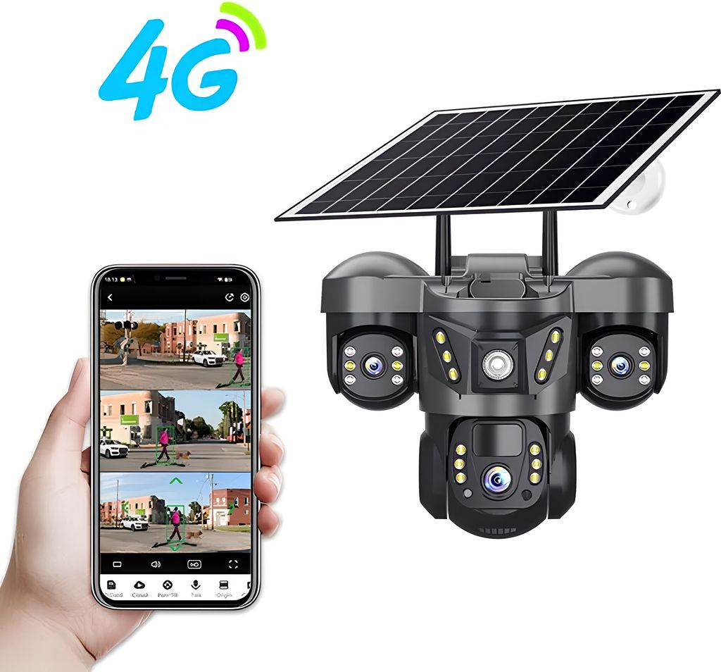 Solarkamera, 4G SIM Karte Outdoor Triple Lens 4MP (1440p) Kamera mit Solarpanel, Eingebaute Batterie 8000mAh, PIR Bewegungserkennung, IP66 Wasserdi...