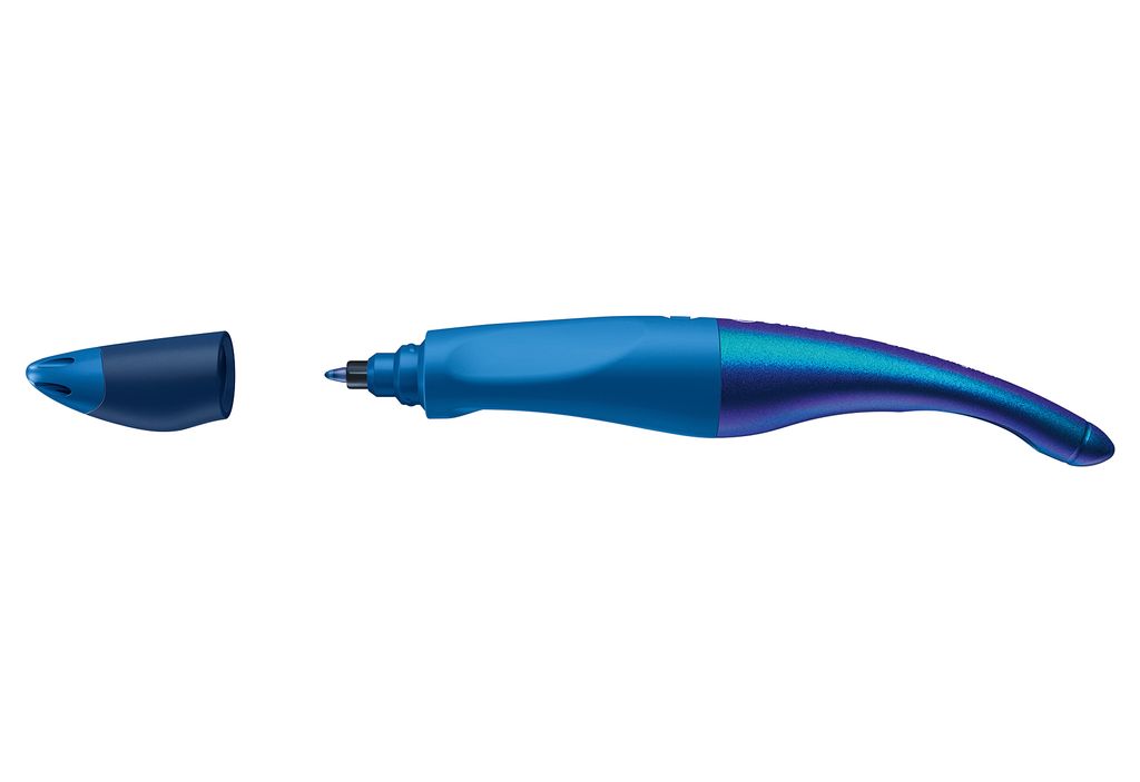 A blue STABILO Tintenroller EASYoriginal Holograph for right-handers is shown with its cap removed and placed to the left of the pen.