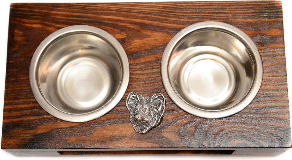 Papillon, Kontinentaler Zwergspaniel - Holzständer mit Näpfen für Hunde, Edelstahlnäpfe, Geschenk zur Adoption eines Hundes von der Marke Art-Dog