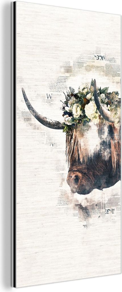 MuchoWow Wanddekoration Metall Metallbild Wandkunst 20x40 cm Schottisches Hochlandrind - Rauch - Blumen MuchoWow Aluminium Gemälde - Aluminium Gem...
