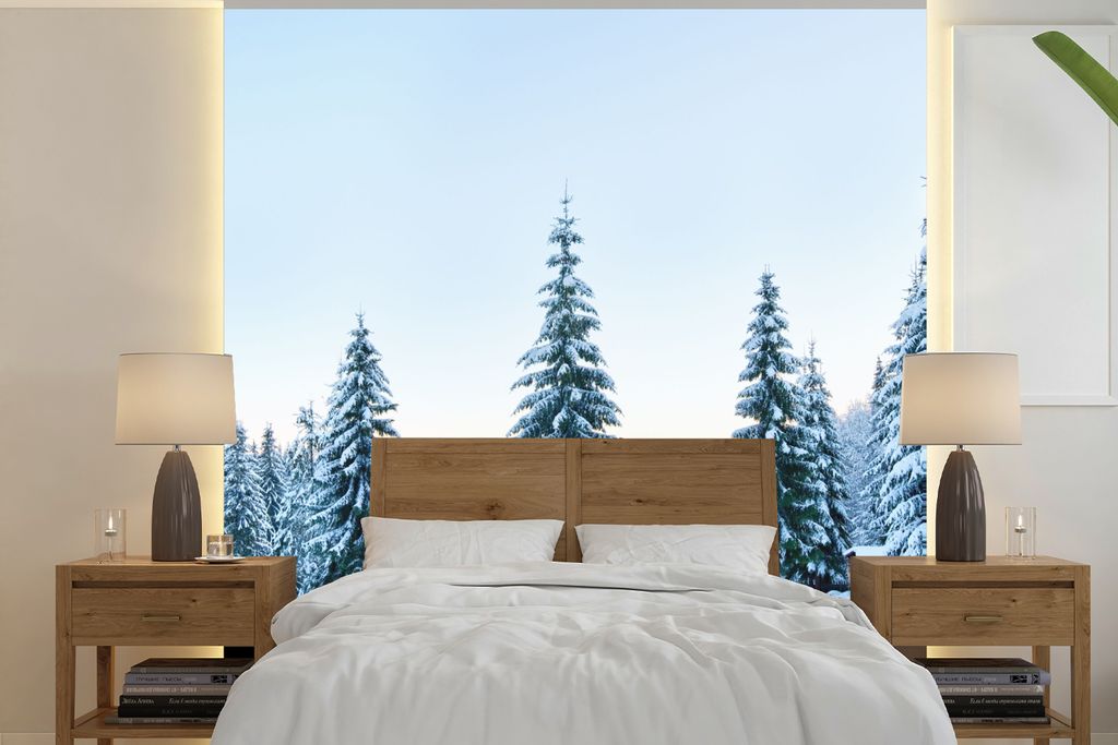 MuchoWow Fototapete für Wohnzimmer oder Schlafzimmer Wandtapete Vinyl Motivtapete Winter - Schnee - Bäume - 280x280 cm - Hintergrundbild