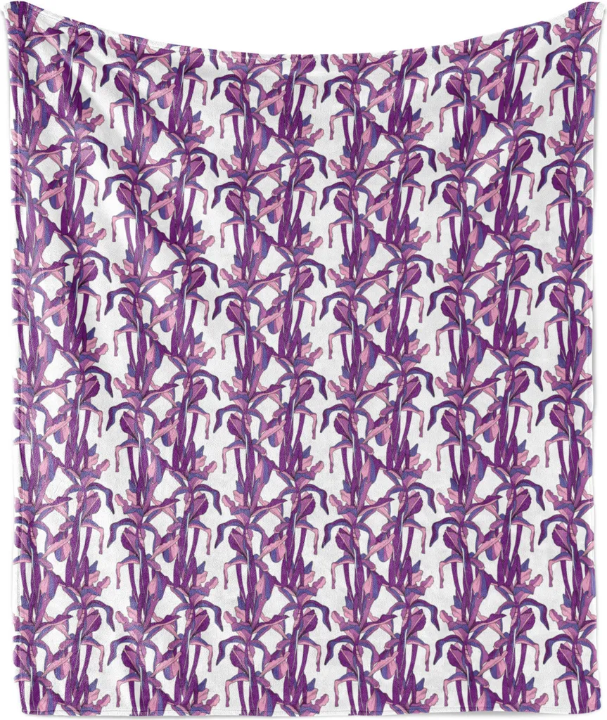ABAKUHAUS Coperta in morbido pile di flanella con motivo floreale, primo piano di foglie di piante nei toni del rosa e del viola, grafica artistica con tema giardino, 175 x 230 cm, fucsia e viola