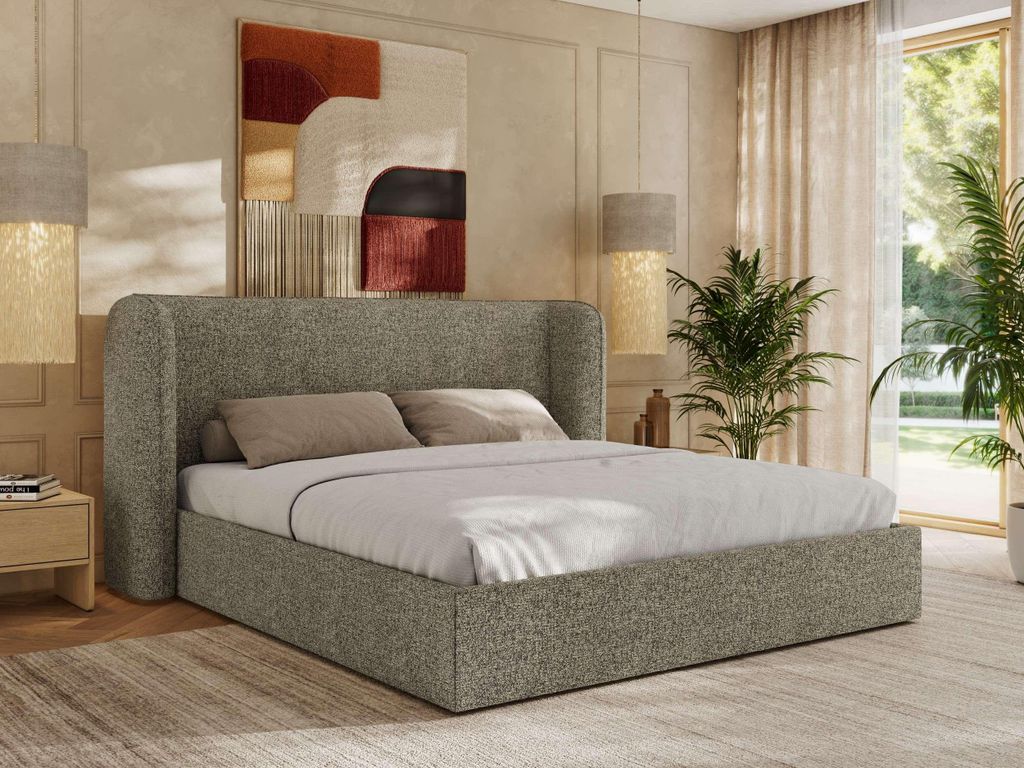 MKS MEBLE Doppelbett Polsterbett EMORA CLASSIC Bett Holzgestell hohes Kopfteil Pocket Matratze VIRE LUX 200x200 Grau Strukture