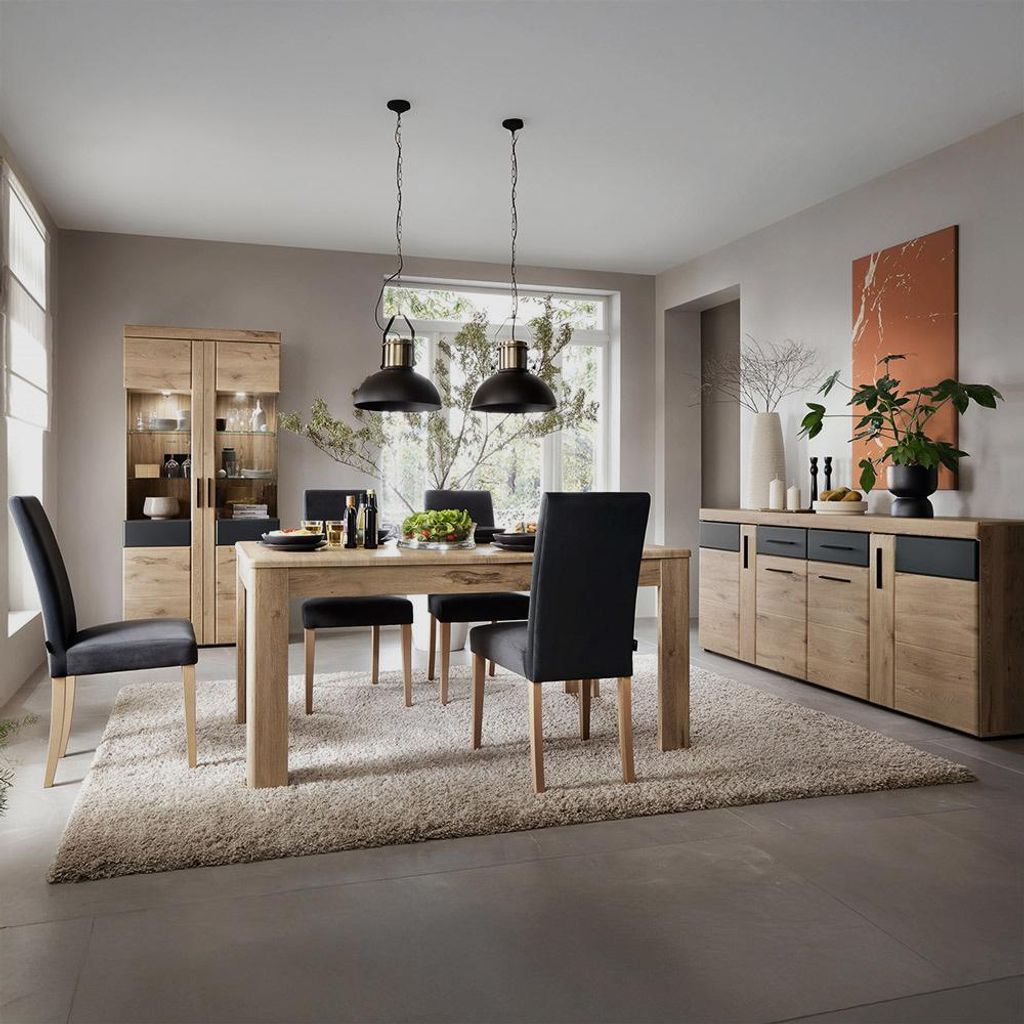 Esszimmer Set mit Esstisch ausziehbar in Eiche mit Grau, Vitrine inkl. Beleuchtung, 3-teilig - GRAHAM-129