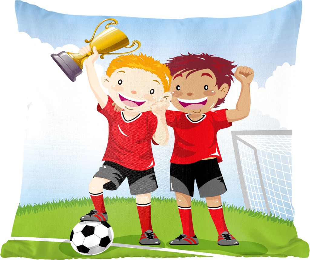 MuchoWow Zierkissen Sofakissen Wohnzimmer Dekokissen 50x50 cm Eine Illustration von zwei Fußballspielern, die einen Preis gewonnen haben - Junge...
