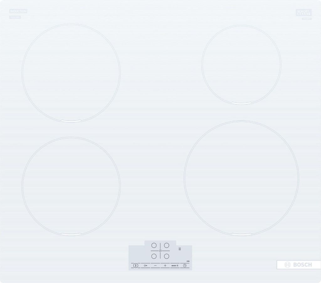 A top-down view of a white induction hob.