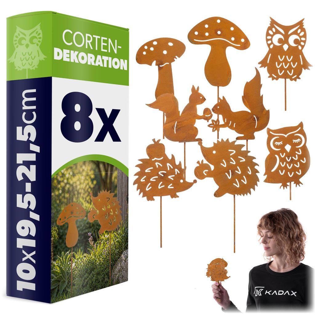 KADAX Gartenstecker aus Cortenstahl, 8er Set, Rostfiguren mit Eulen, Igeln, Eichhörnchen und Pilzen, rostige Gartenfiguren, wetterfeste Metalldeko...