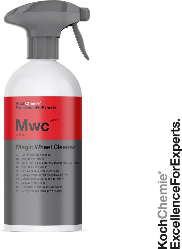 A bottle of Koch Chemie Magic Wheel Cleaner with a spray nozzle.