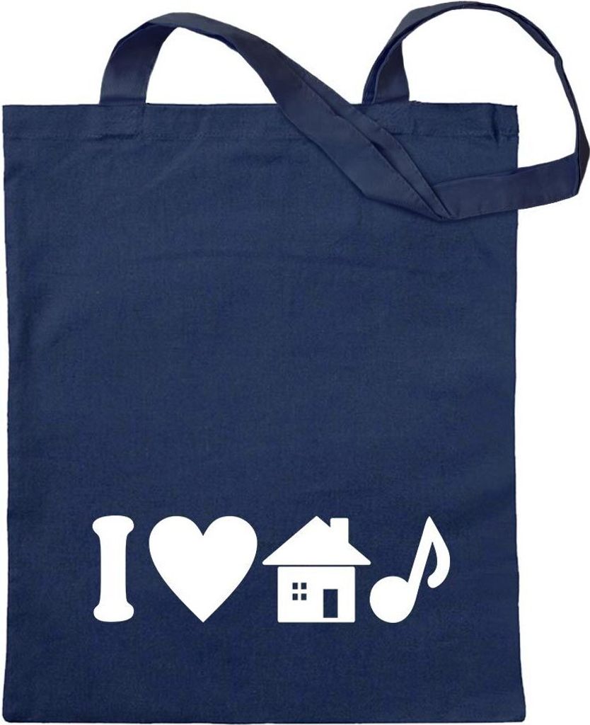 Kiwistar - Baumwolltasche - dunkelblau - I Love House Music - Tragetasche Stoffbeutel Umhängetasche Langer Henkel