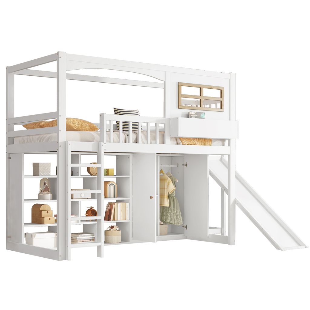 Hochbett mit Lattenrost, Kleiderschrank, Rutsche, Regal und Trittleiter, 90x200cm, Kinderbett mit Rausfallschutz, Kiefer