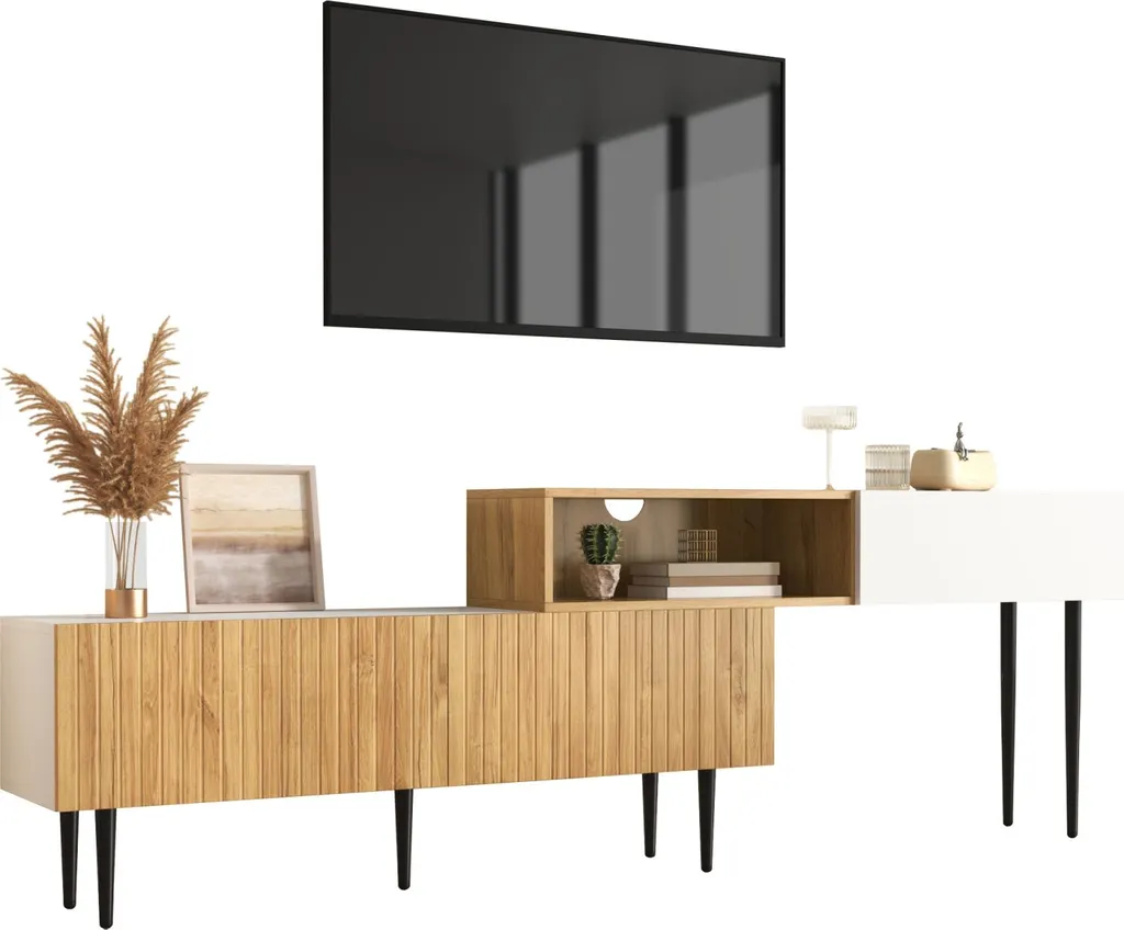 Meuble TV extensible pour petit salon, design modulable bois et blanc