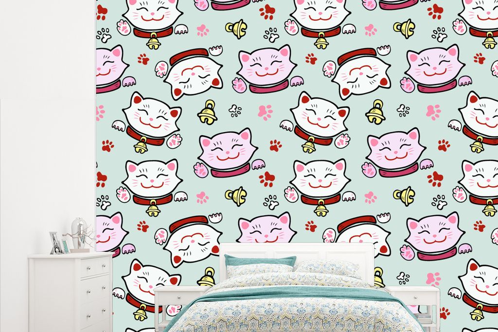 MuchoWow Fototapete für Wohnzimmer oder Schlafzimmer Wandtapete Vinyl Motivtapete Katze - Haustiere - Muster - 265x220 cm - Die Küche