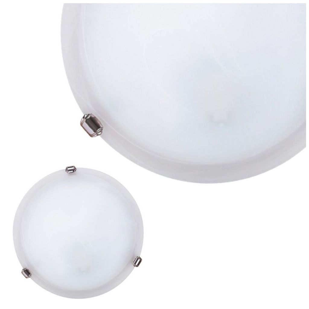 Two white, round ceiling lights are shown against a white background. One light is larger and in the foreground, while the other is smaller and in the background.