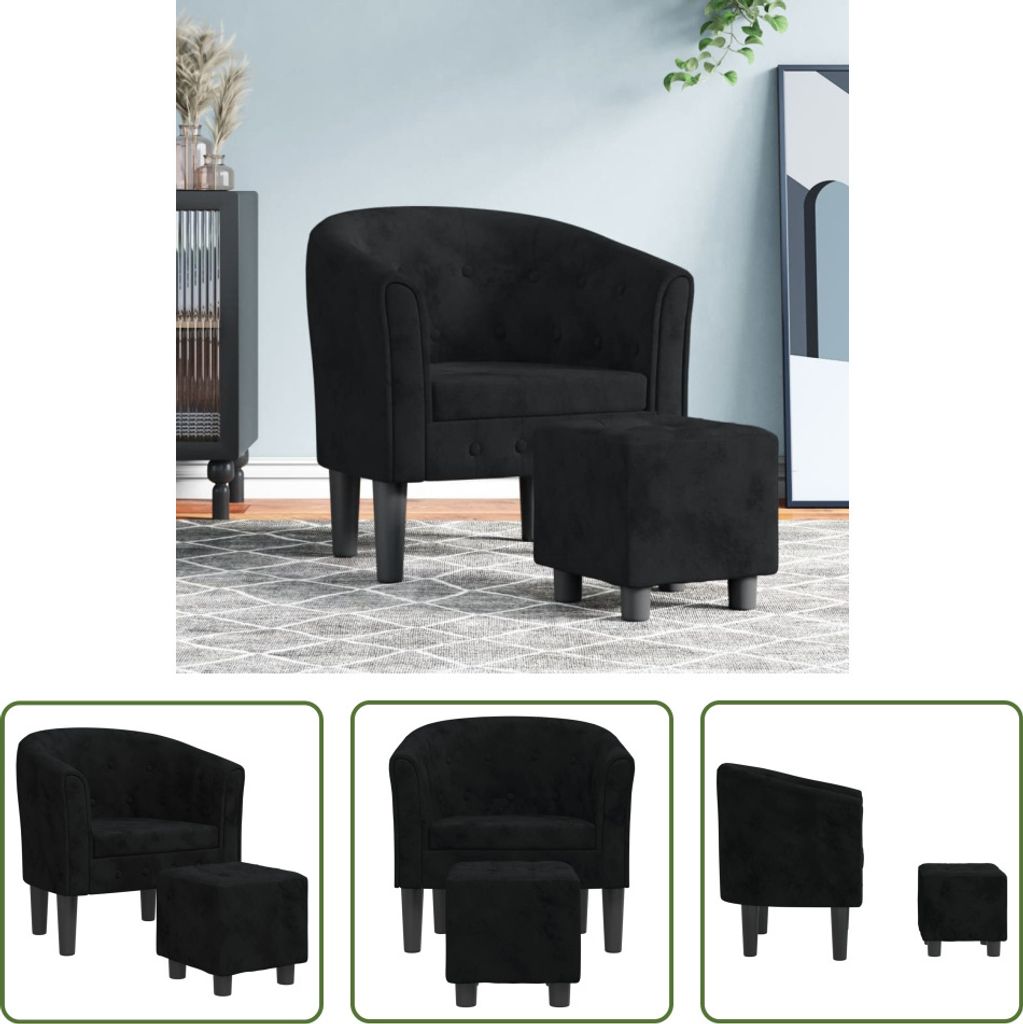 The Living Store Clubsessel mit Fußhocker Schwarz Samt