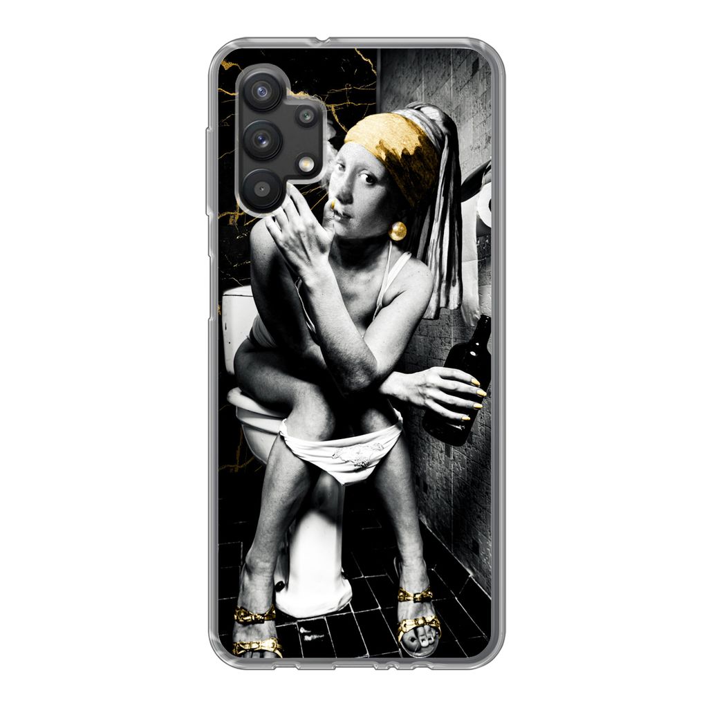 MuchoWow Handyhülle Schutzhülle Hülle für Samsung Galaxy A32 5G Marmoroptik - Mädchen mit Perlenohrring - Zigaretten - Toilette - Gold - Kun...