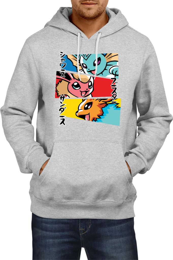 Herren Kapuzenpullover Japan Manga Anime Comics Animation Pokeball Eevee Evolutions, Man 2XL / Grau