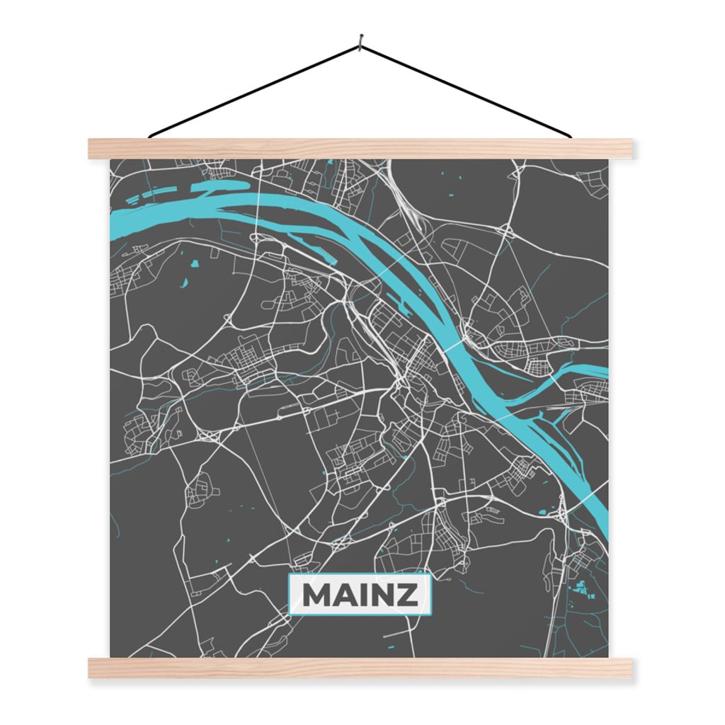 MuchoWow Textilposter Karte - Mainz - Blau - Stadtplan - Deutschland 120x120 cm mit holzfarbenen Rahmen - Textil-Poster