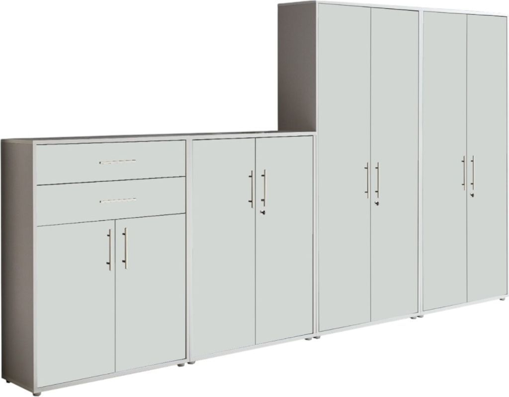 Aktenschrank TABOR 56 in lichtgrau / weiß matt, Schrankwand, Büroschrank, abschließbar, Metallgriffe