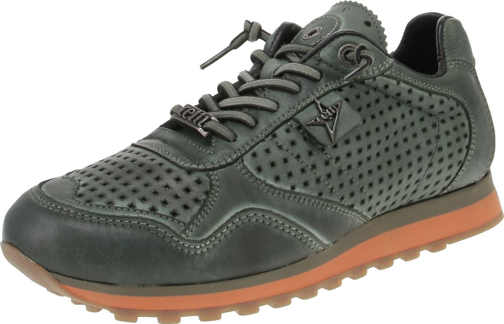 A single green sneaker with an orange sole is shown against a white background.
