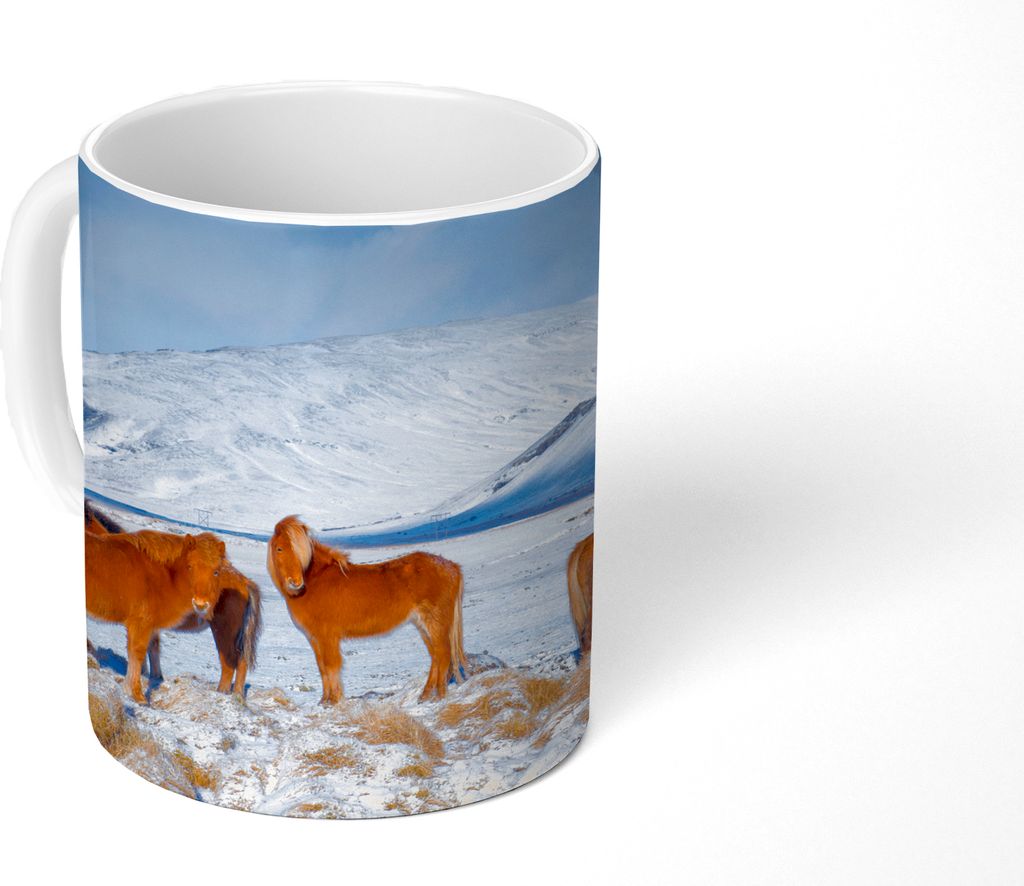MuchoWow Tasse Kaffeetasse Kaffeebecher 350 ml Verschneite Berge mit Isländerpferden Teetasse - Fototasse - Becher - Keramikbecher - Teebecher -...