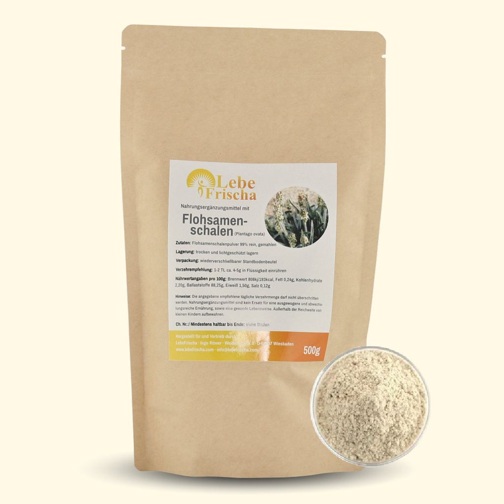 LebeFrischa Flohsamenschalen Pulver 500g gemahlen 99% rein Ballaststoffe