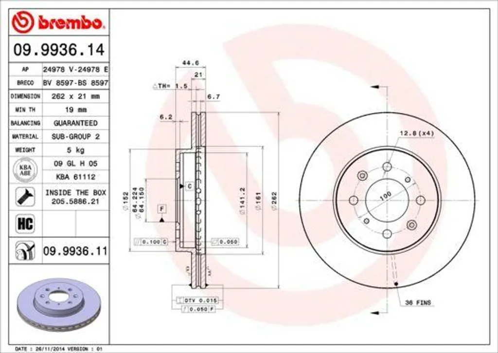 Disque de frein ventilé Brembo 09.9936.11, qualité OE 45251S06000 Honda