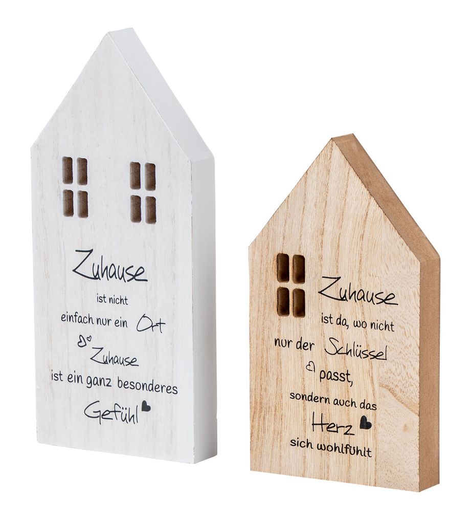 2er Set Deko Häuser Aufsteller Zuhause Spruch MDF Holz Natur Weiß Tischdeko Geschenk Wohndekoration Glück