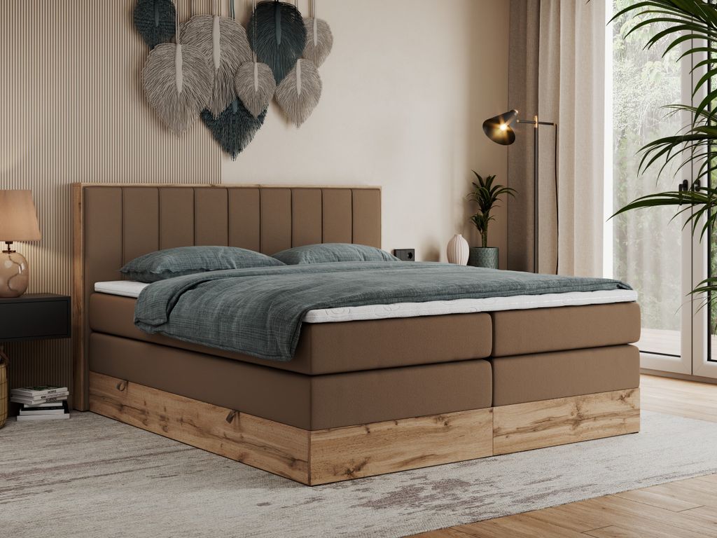 MKS MEBLE King Boxspringbett 160x200 mit Bettkasten Eiche, Polsterbett 160x200 mit Matratze H4, Bett 160x200 mit Rahmen in Wotan Eiche und Kopfteil...