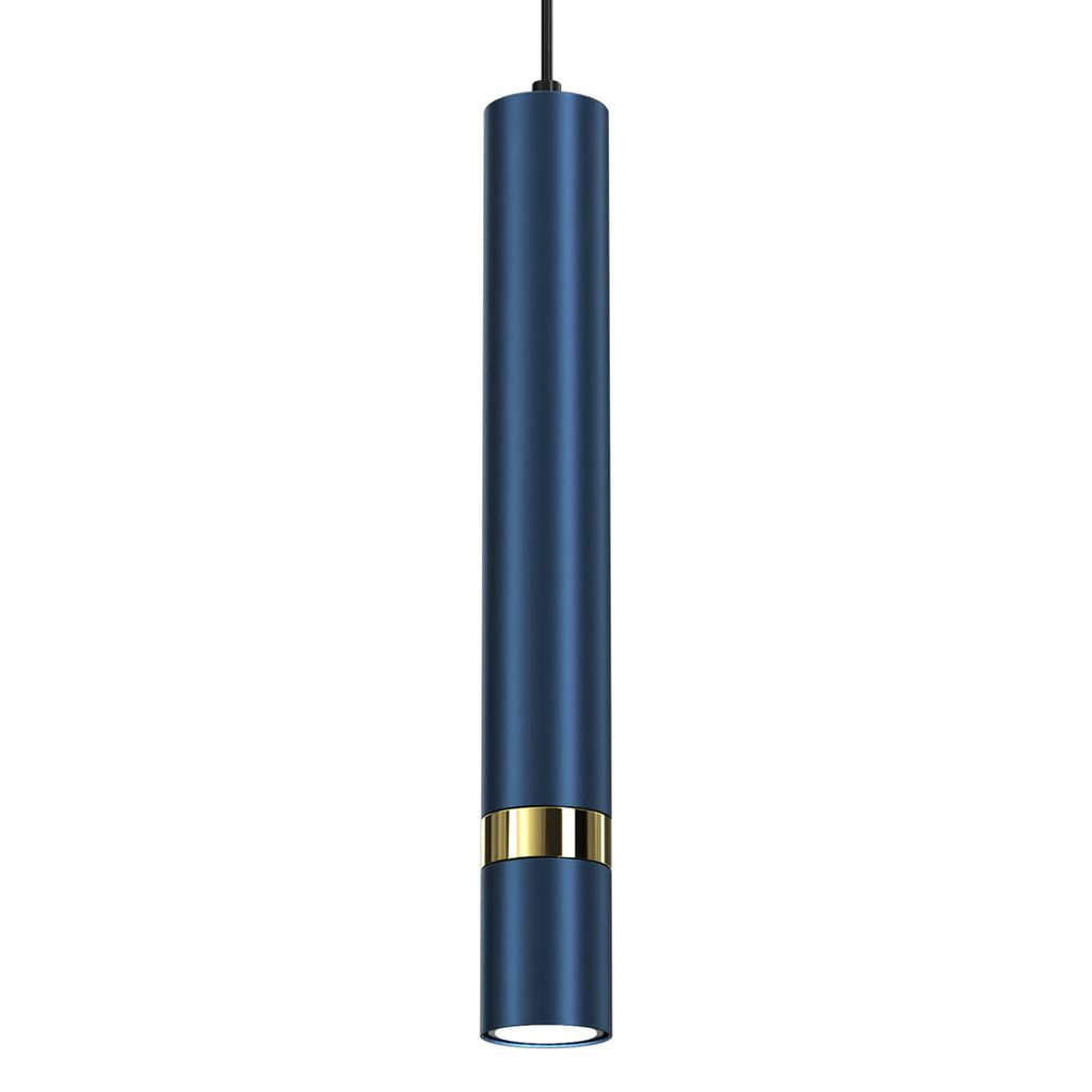 A single navy blue cylindrical pendant light with a gold band, shown against a white background.