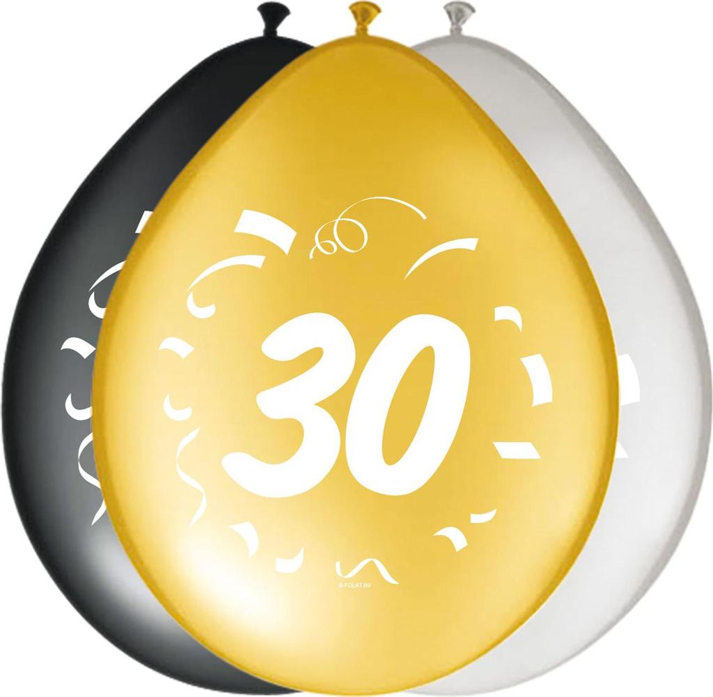 8 Luftballon 30. Geburtstag gold, silber, schwarz Produktbild 