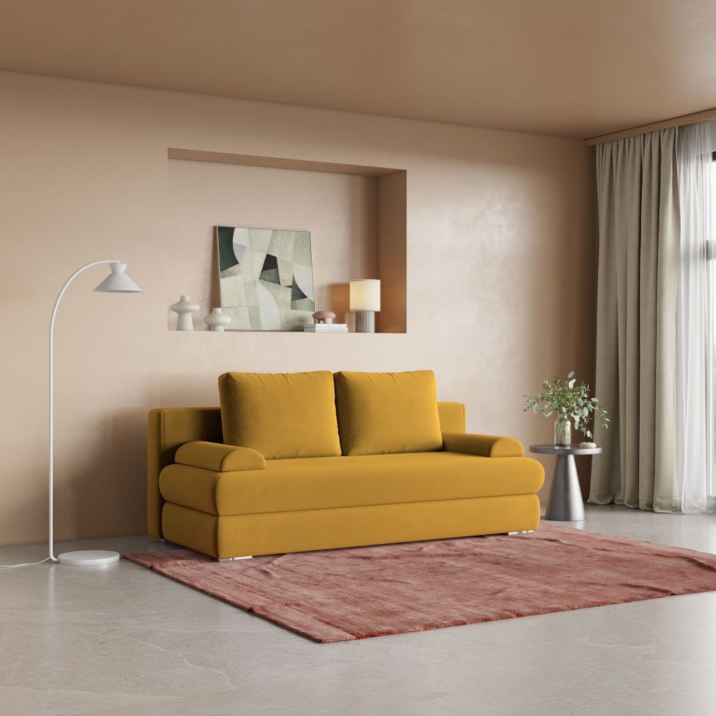 Sofa ASPERO Gelb Plüsch-Stoff mit Schlaffunktion, Sofa mit Bettkasten, Sofa mit Bettkasten, Wohnzimmersofa, Couch, Soffa, Bettsofa, Couchgarnitur-...