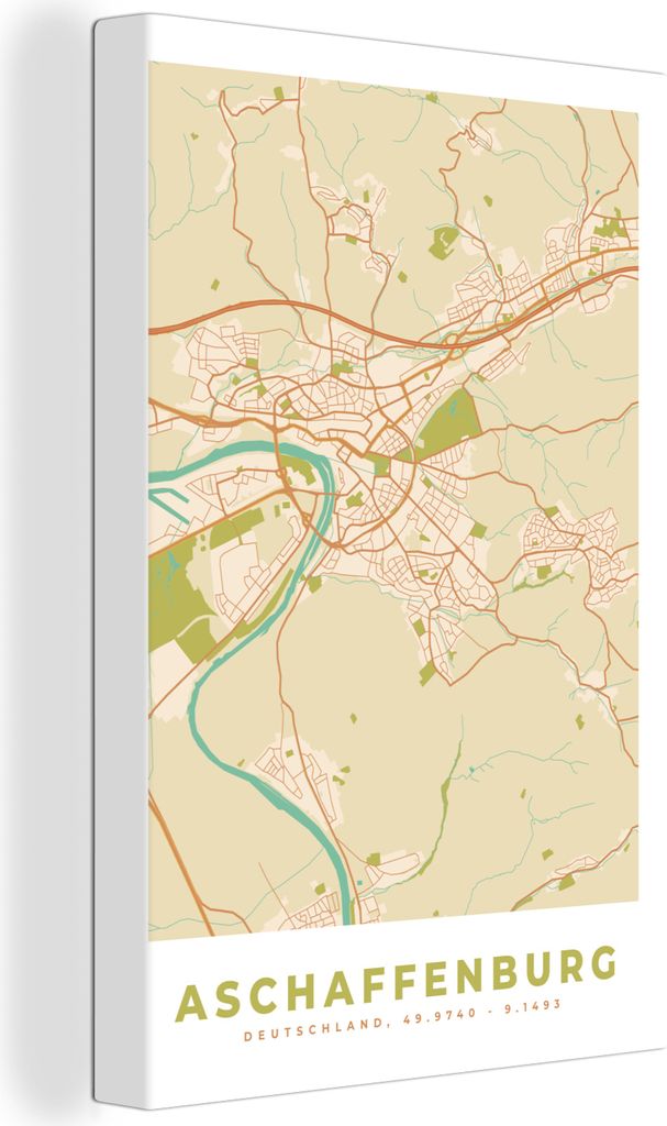 OneMillionCanvasses - Leinwandbilder - 90x140 cm, Karte - Jahrgang - Afschaffenburg - Karte, Wandbilder Kunstdruck Wanddekoration - Foto auf Lein...